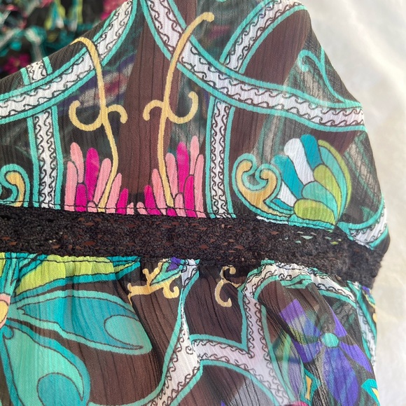 Nicole Miller Black Boho Floral Peasant Blouse Multi-Colour Sz M Renaissance Y2K - Picture 13 of 15